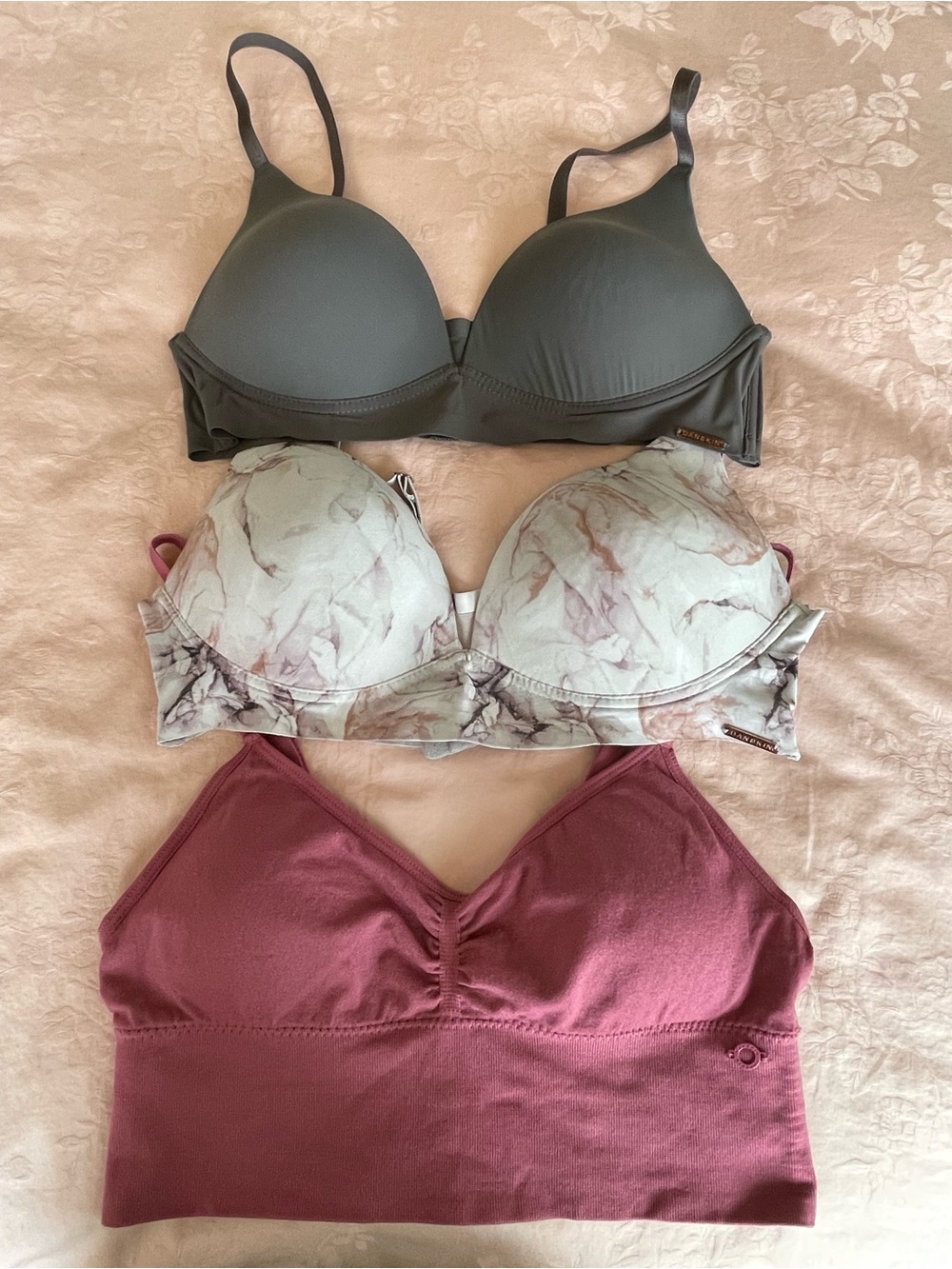 Danskin Gray and Marble Print Molded Bras and Rose Mauve Bralette